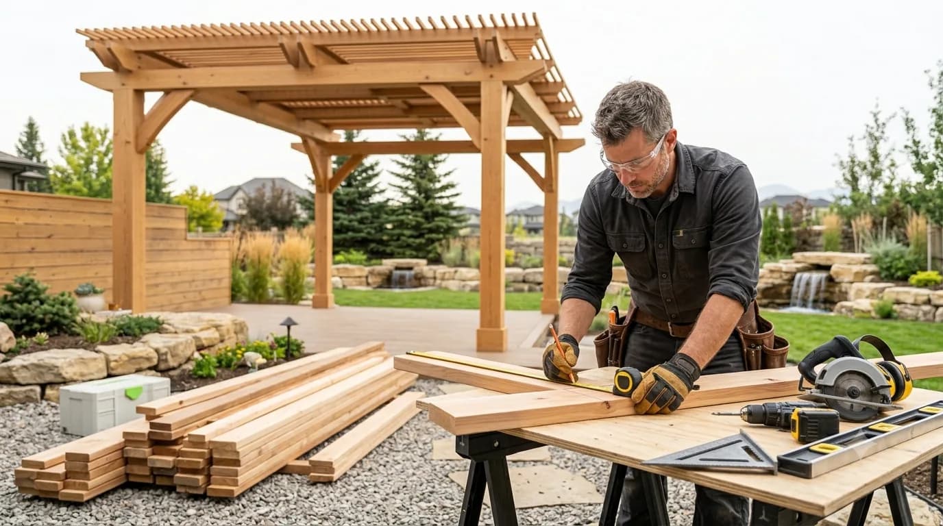Carpenter measuring and marking a cedar board on sawhorses beside a newly built pergola in Calgary Carpenter measuring and marking a cedar board on sawhorses beside a newly built pergola in Calgary