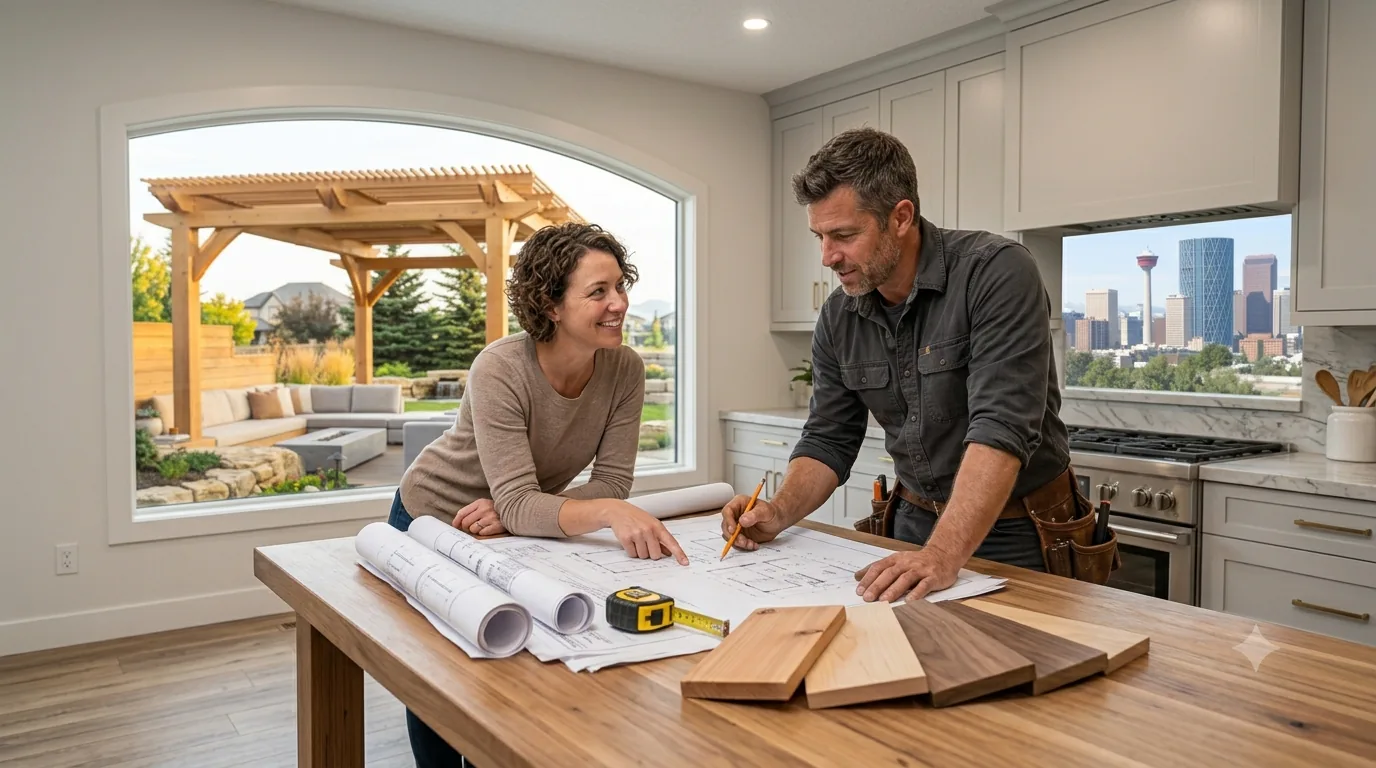 Carpenter and homeowner reviewing project drawings and timber samples at a kitchen island in Calgary Carpenter and homeowner reviewing project drawings and timber samples at a kitchen island in Calgary