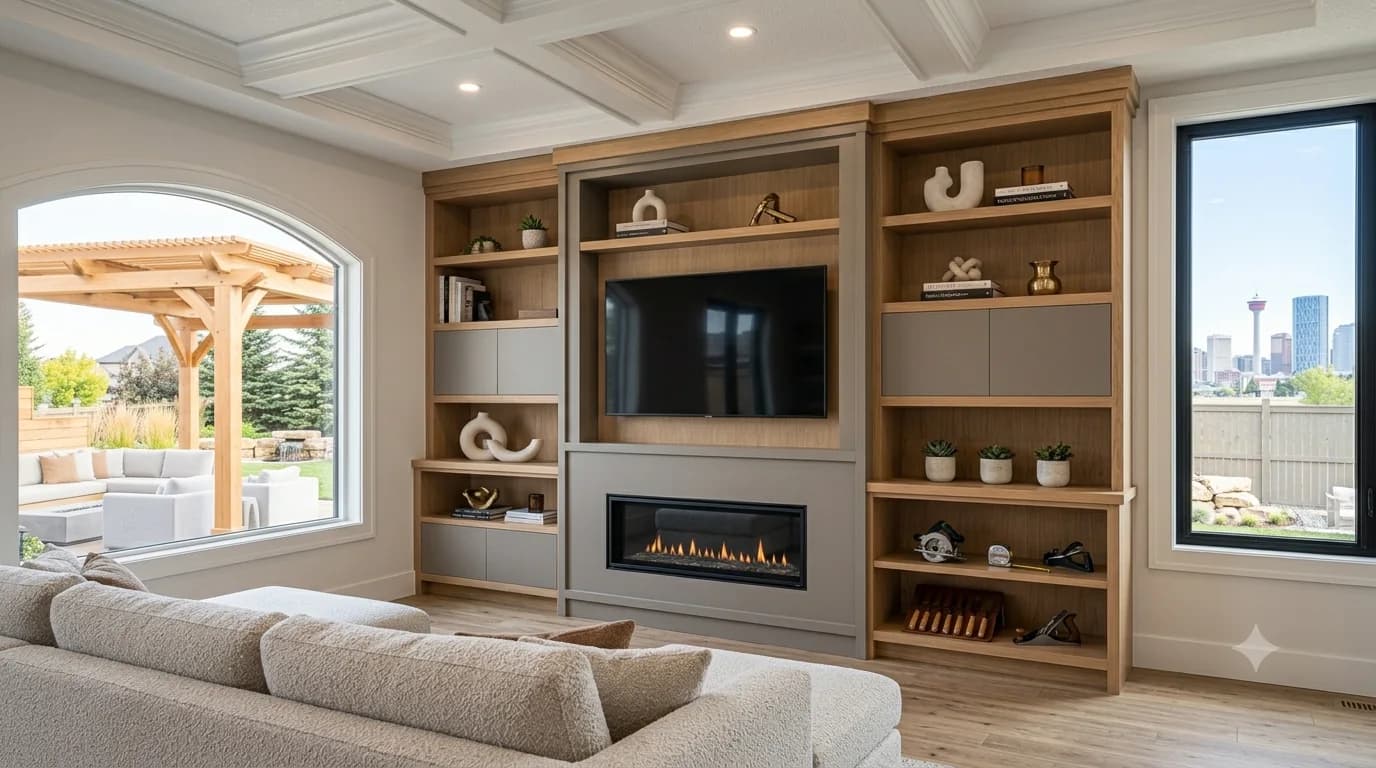 Built-in entertainment wall in white oak with a linear gas fireplace, open shelving and a coffered ceiling above Built-in entertainment wall in white oak with a linear gas fireplace, open shelving and a coffered ceiling above