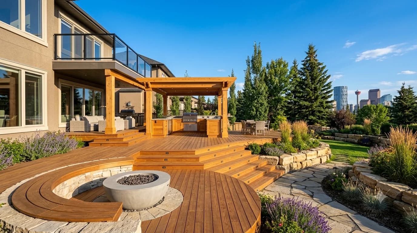 Multi-level cedar deck with integrated pergola, outdoor kitchen and curved fire-pit bench overlooking the Calgary skyline Multi-level cedar deck with integrated pergola, outdoor kitchen and curved fire-pit bench overlooking the Calgary skyline