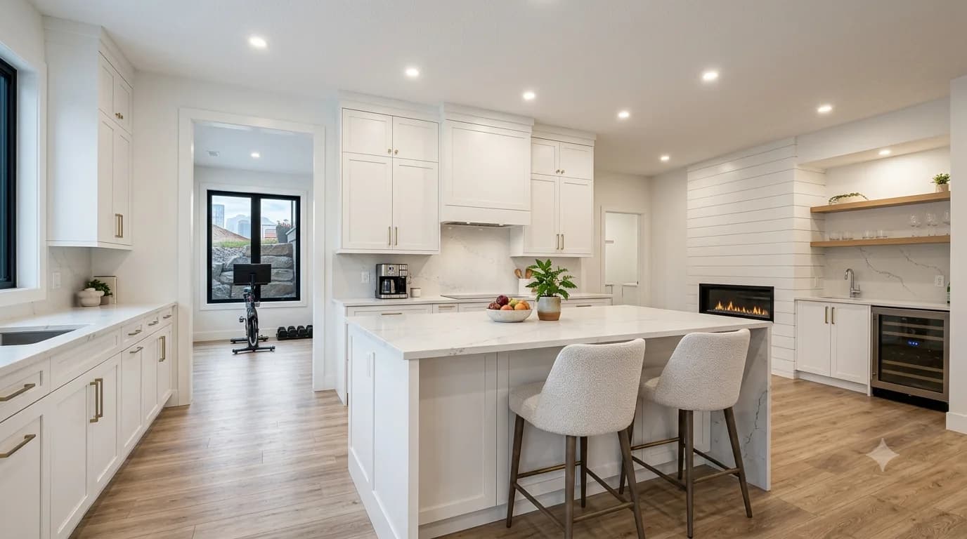 Custom white shaker kitchen cabinetry with a quartz waterfall island, integrated wet bar and linear fireplace Custom white shaker kitchen cabinetry with a quartz waterfall island, integrated wet bar and linear fireplace