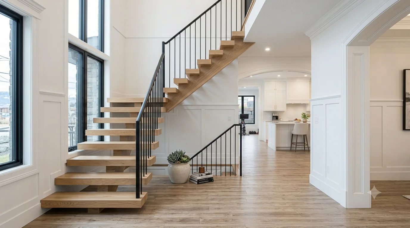Open-riser white oak staircase with slim black spindles rising past raised-panel wainscoting in a Calgary entry Open-riser white oak staircase with slim black spindles rising past raised-panel wainscoting in a Calgary entry