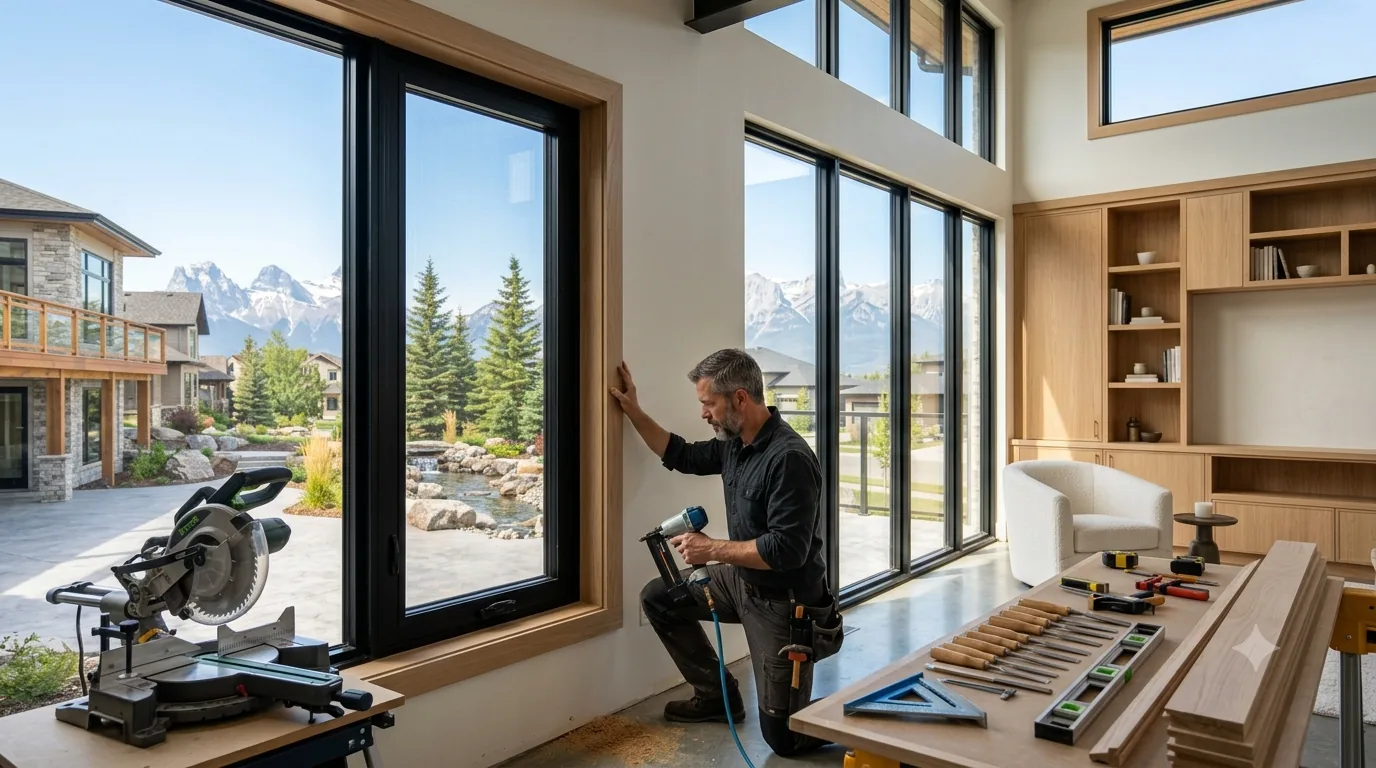 Finish carpenter fitting white oak window casing with a brad nailer, mitre saw and chisels set out nearby Finish carpenter fitting white oak window casing with a brad nailer, mitre saw and chisels set out nearby